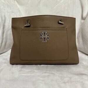 Tory Burch Britten Satchel French Gray Structured Pebbled Leather Handbag clean